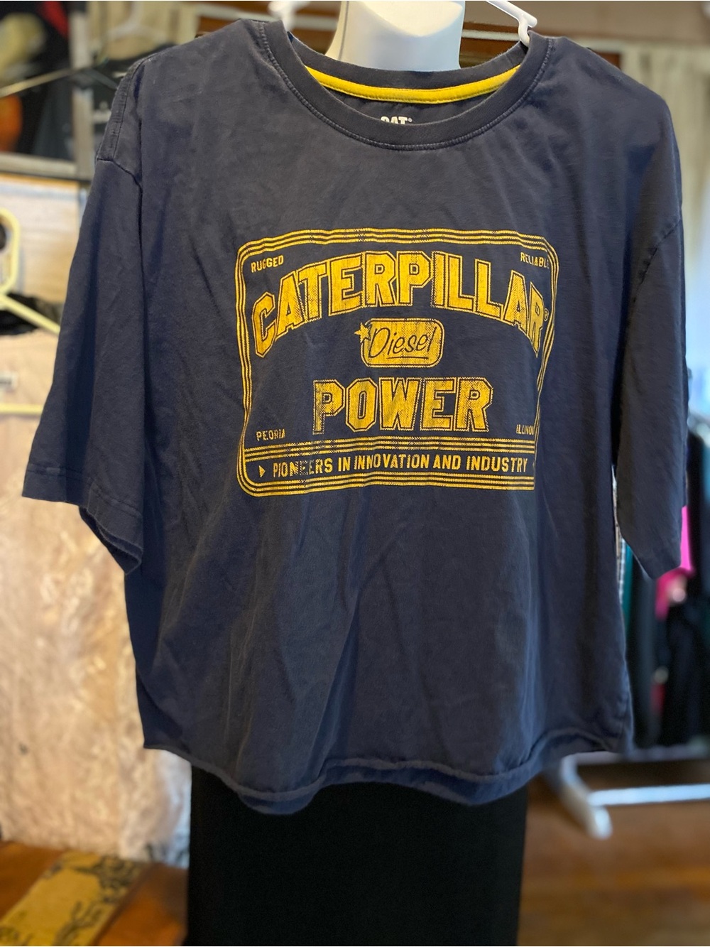 Caterpillar Navy Hand Cropped Tee with Yellow Logo CAT